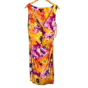 Lauren Ralph Lauren Floral Wrap Ruched Sheath Dress Orange Pink Purple Size 10